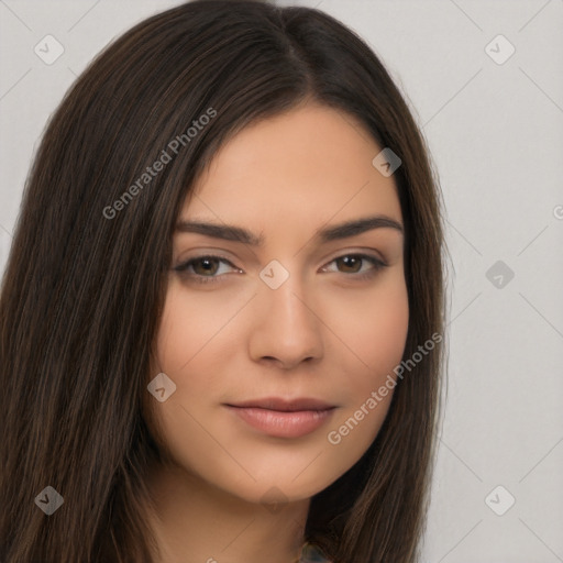 Neutral white young-adult female with long  brown hair and brown eyes