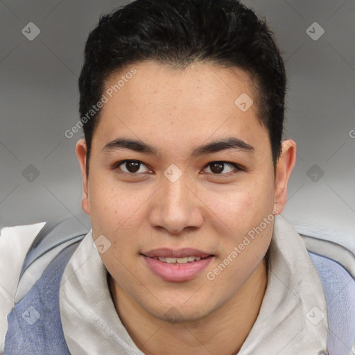 Joyful latino young-adult male with short  brown hair and brown eyes