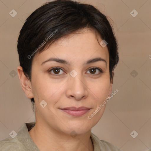 Joyful white young-adult female with medium  brown hair and brown eyes