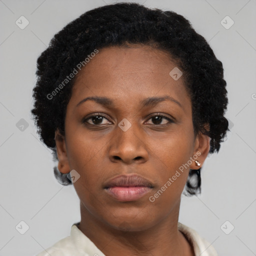 Neutral black young-adult female with short  black hair and brown eyes