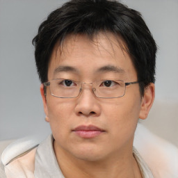 Neutral asian adult male with short  brown hair and brown eyes