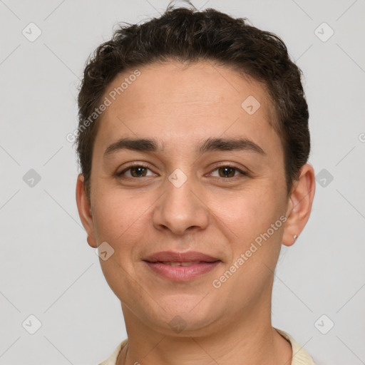 Joyful white young-adult female with short  brown hair and brown eyes