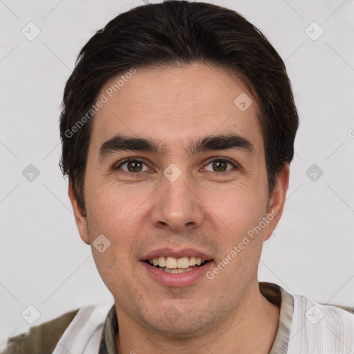 Joyful white young-adult male with short  brown hair and brown eyes