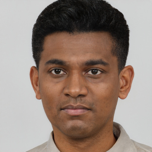 Neutral black young-adult male with short  black hair and brown eyes