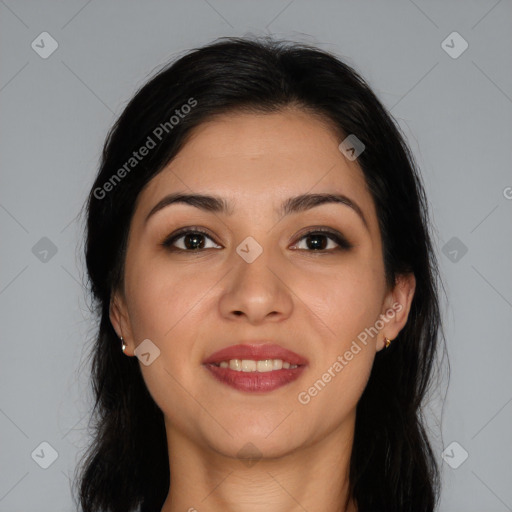 Joyful latino young-adult female with long  brown hair and brown eyes