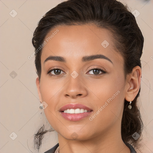 Joyful white young-adult female with long  brown hair and brown eyes