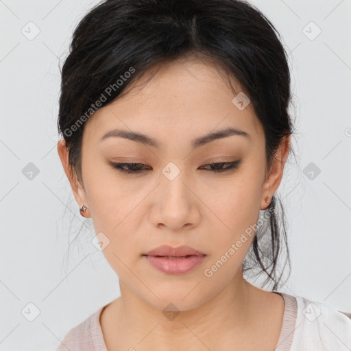 Neutral asian young-adult female with medium  brown hair and brown eyes