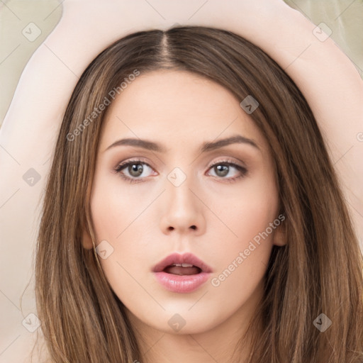 Neutral white young-adult female with long  brown hair and brown eyes