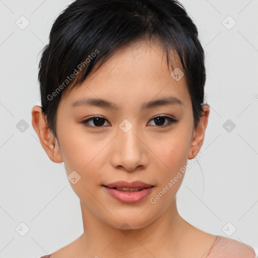 Joyful asian young-adult female with short  brown hair and brown eyes