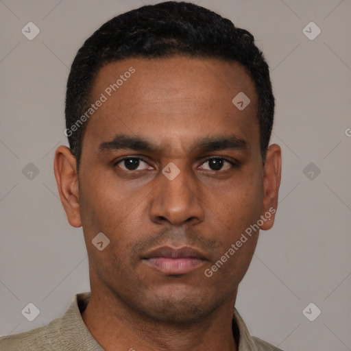 Neutral latino young-adult male with short  black hair and brown eyes