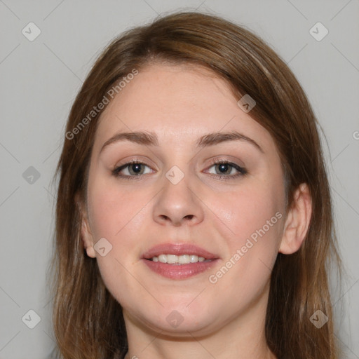 Joyful white young-adult female with long  brown hair and grey eyes