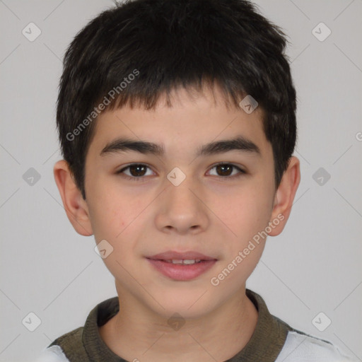 Joyful white child male with short  brown hair and brown eyes