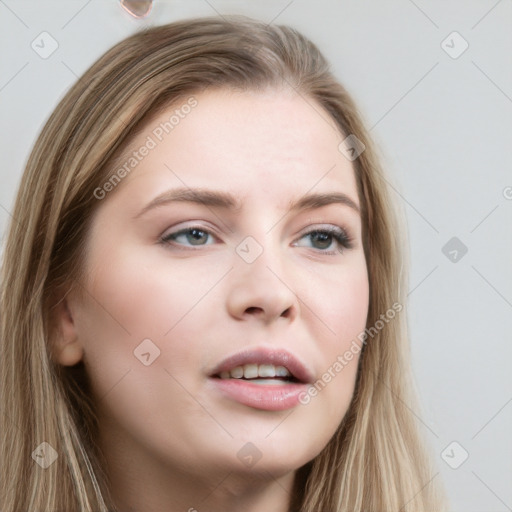 Neutral white young-adult female with long  brown hair and grey eyes