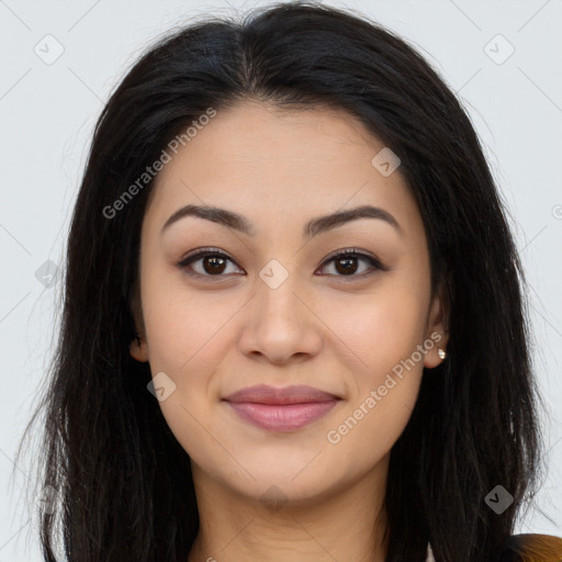 Joyful asian young-adult female with long  brown hair and brown eyes