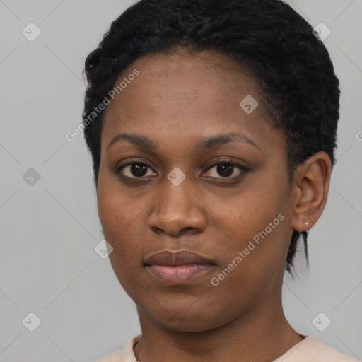 Neutral black young-adult female with short  black hair and brown eyes