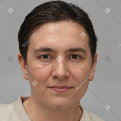 Joyful white adult female with short  brown hair and brown eyes