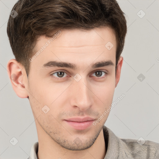 Neutral white young-adult male with short  brown hair and brown eyes