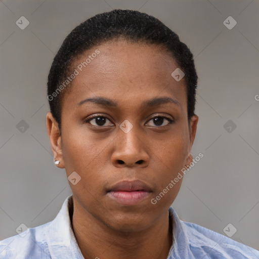 Neutral black young-adult female with short  brown hair and brown eyes