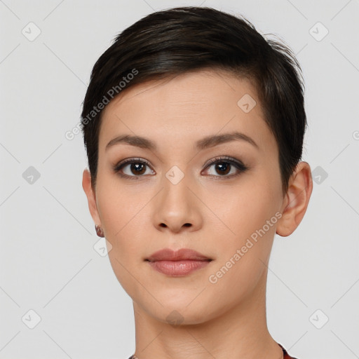 Neutral white young-adult female with short  black hair and brown eyes