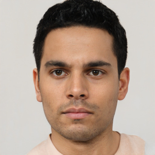 Neutral latino young-adult male with short  black hair and brown eyes