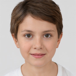 Joyful white child female with short  brown hair and brown eyes