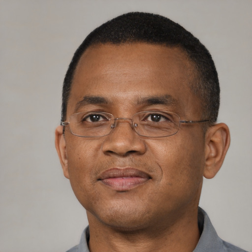 Joyful black adult male with short  brown hair and brown eyes