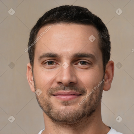 Joyful white young-adult male with short  brown hair and brown eyes