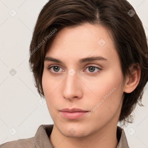 Neutral white young-adult female with medium  brown hair and brown eyes