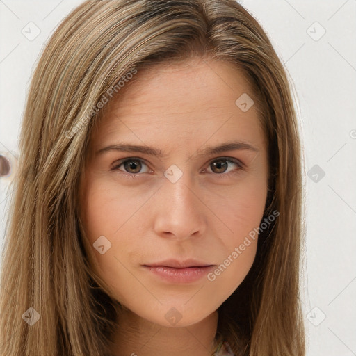 Neutral white young-adult female with long  brown hair and brown eyes