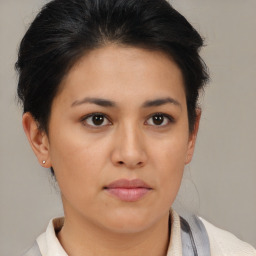 Neutral asian young-adult female with short  brown hair and brown eyes