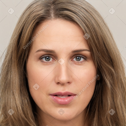 Neutral white young-adult female with long  brown hair and brown eyes