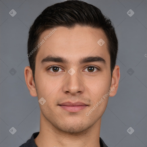 Joyful white young-adult male with short  brown hair and brown eyes