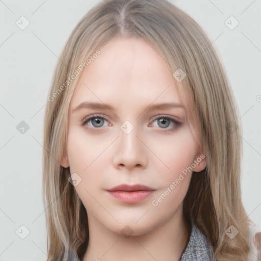 Neutral white young-adult female with medium  brown hair and grey eyes