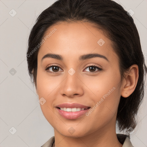 Joyful white young-adult female with medium  brown hair and brown eyes