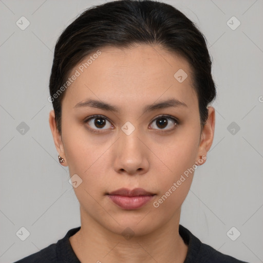 Neutral white young-adult female with short  brown hair and brown eyes