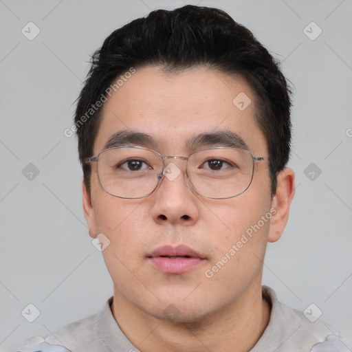 Neutral asian young-adult male with short  black hair and brown eyes