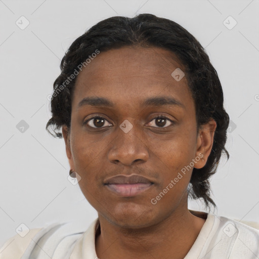 Neutral black young-adult female with short  black hair and brown eyes