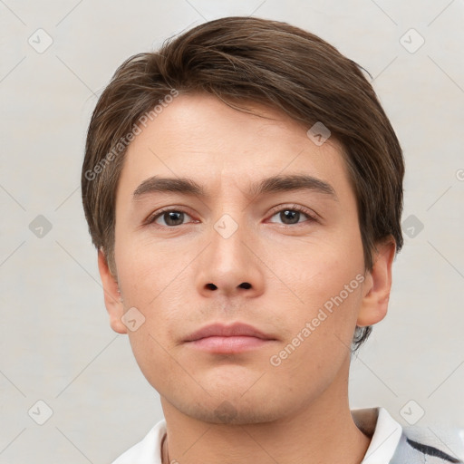 Neutral white young-adult male with short  brown hair and brown eyes