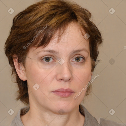 Neutral white adult female with medium  brown hair and brown eyes