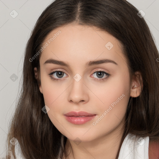 Neutral white young-adult female with long  brown hair and brown eyes