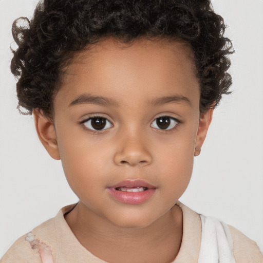 Joyful white child female with short  brown hair and brown eyes