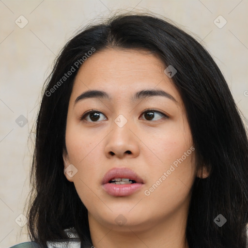 Neutral asian young-adult female with medium  black hair and brown eyes