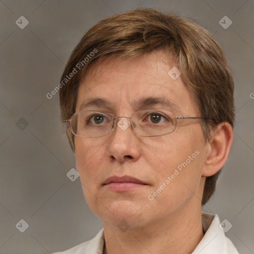 Neutral white adult female with short  brown hair and brown eyes