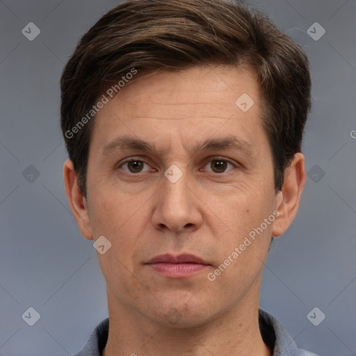 Neutral white adult male with short  brown hair and brown eyes