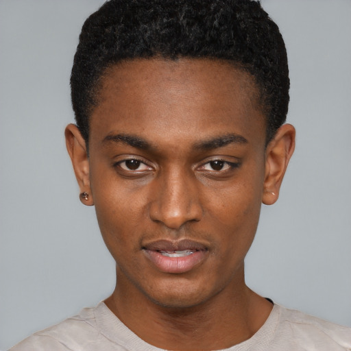 Neutral black young-adult male with short  black hair and brown eyes