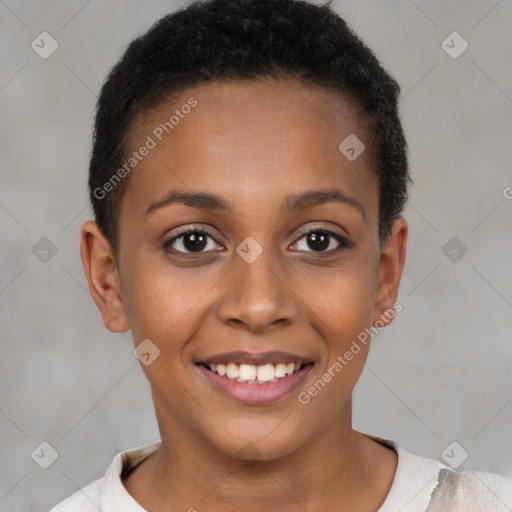 Joyful black young-adult female with short  brown hair and brown eyes