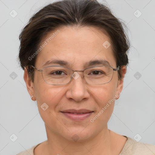 Joyful white adult female with short  brown hair and brown eyes