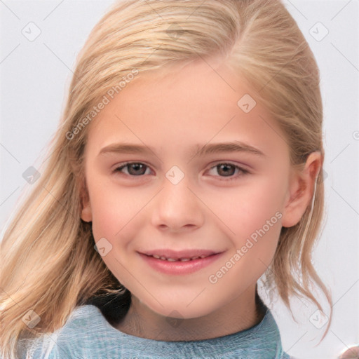 Joyful white child female with medium  brown hair and brown eyes