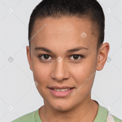 Joyful white young-adult female with short  brown hair and brown eyes