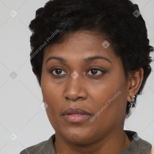 Neutral black young-adult female with short  black hair and brown eyes